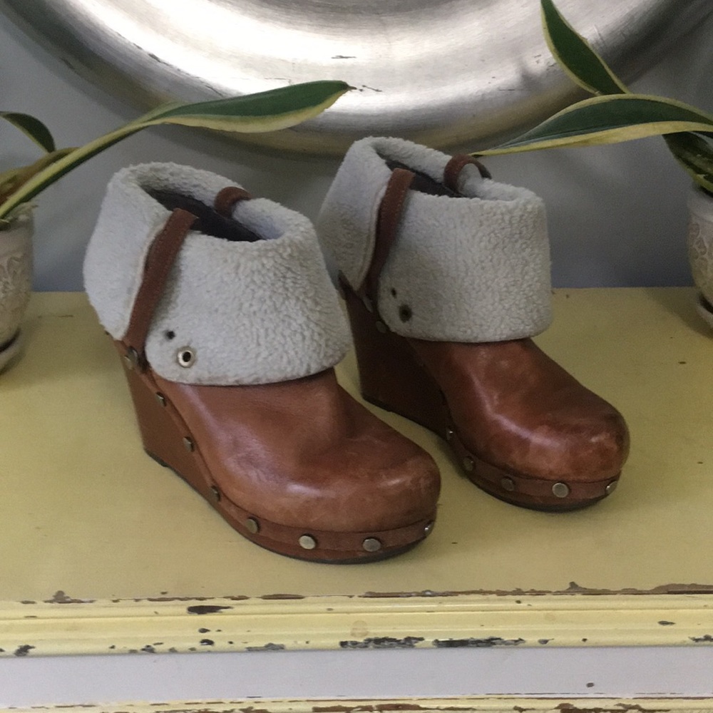 Brown leather wedge boots